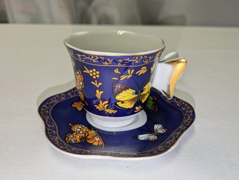 Vintage C.C. & T Blue Butterfly Design Porcelain Teacup And Saucer Set