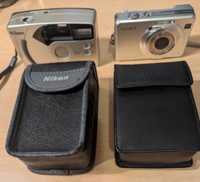 Vintage Nikon Fun Touch 6 Film Camera And Sony CyberShot Digital Camera With Cases (Untested)