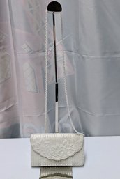 Vintage White Beaded Evening Bag With Floral Design Flap