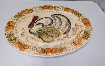Vintage Oval Thanksgiving Turkey Ceramic Serving Platter, Caldor Inc. Made In Japan