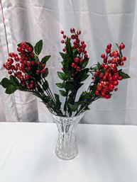 (1) Multi Stem Artificial Red Berry With Gold Glitter Accent Floral Spray/Pick - Vase Not Included