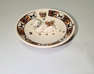 Marily Ray Signed Pottery, Kitten With Butterflies, Trinket Dish