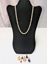 Vintage Pearl Necklace With (6) Various Stone Interchangable Snap On Pendants