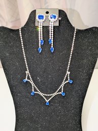 Vintage Silver Tone CLear & Blue Rhinestone Necklace & Earring Set