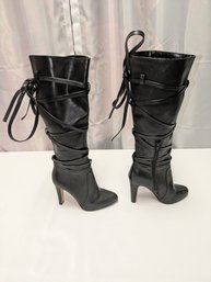 Vince Camuto Millay Black Leather Knee Hign Tie Boots - Size 6 - No Box