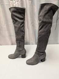 Aldo Gray Knee High Boots Faux Suede Chunky Heels With Zippered Side, US Size 8 - No Box