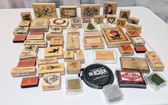 Lot Of (47) Various Rubber Stamps & (7) Ink Pads