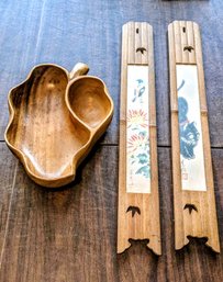 Mid-Century Monkey Pod Leaf Dish & Japanese Bamboo Wall Plaques