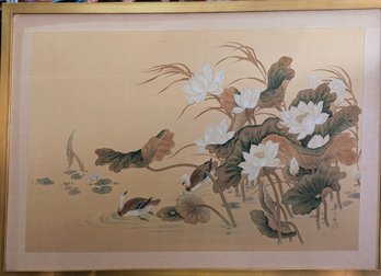 Large Asian Print In Soft Gilded Frame Signed And Stamped , Muted Mallards On Lotus Pond Scene.