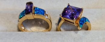 Two Simulated Amethyst /opals W/ Vermeil Over Sterling Rings Sterling