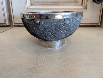 Vintage Artisan Mexican Lava Stone (Volcanic Rock) Footed Bowl With Alpaca Silver Or Nickel Trim