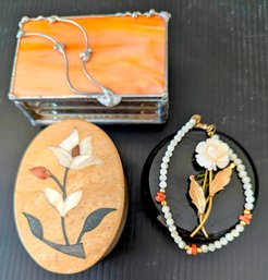 Pretty Glass And Stone Trinket Containers With Pretty Pin And Bracelet