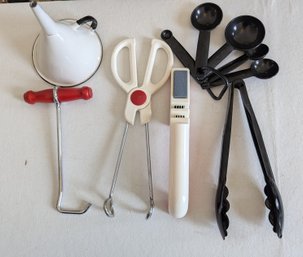 Assorted Kitchen Tools: Tongs, Measuring Spoons, Funnel, Knife Sharpener, Etc