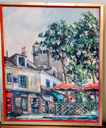Impressionist Oil Painting Of French Cafe Scene (Red Umbrellas)