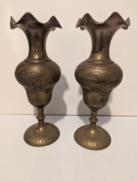 Vintage Pair Of Goel India Hand-Etched Brass Bud Vases  Ruffled Rim  9.5'
