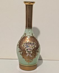 Vintage Bohemian Mint Green Glass Vase -with Raised Enamel Floral Hand Painted Design On Gilded Paint