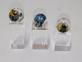 Vintage Unsigned, Josh Simpson, Art Glass Planet Marbles On Arylic Stands