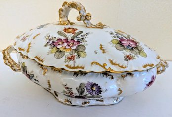 Antique Hand-Painted Floral Porcelain Tureen With Gold Gilt Accents - W.G. & Co. Limoges France - 12'