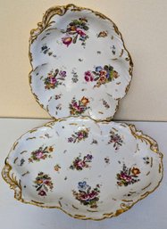 Large Antique Hand-Painted Porcelain Platter Set - Gilt Scalloped Edge - Floral Sprays - 16' & 18.5'