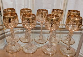 Rare Bohemian Crystal Goblets With Gold Scroll Design- Nine Total