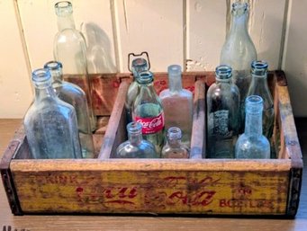 Wooden Vintage Coca Cola Container With Assorted Vintage Glass Bottles