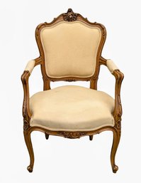 Antique French Louis XV Style - Beautifully Carved Walnut Open Armchair With Cabriole Legs.