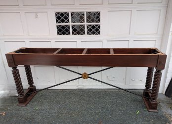 Custom Made Solid Wood Console Table With Barley Legs And Wrought Iron Twisted Metal With Center Rosette