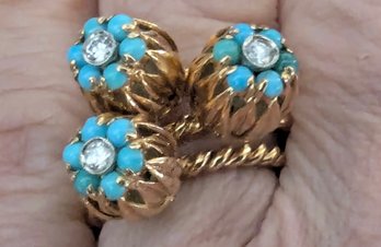 Matching 18kt Yellow Gold Custom Designed Diamond /Turquoise,Tulip Shaped Cocktail Rings - Appraised By Jewele