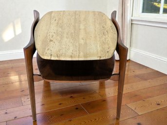MCM  Sculpted Walnut & Italian Travertine Side Table - 1 Of 2