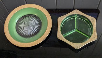 Gold Encrusted Depression Glass Sunburst Serving Plate And Ash Tray