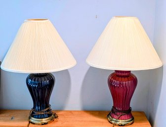 Red And Blue Glaze Ribbed Urn Ceramic Table Lamps