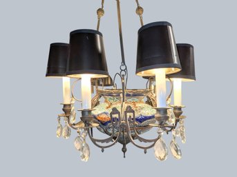 Vintage Majolica & Crystal Hanging Basket & Brass/Bronze Six Arm Chanelier With Shades