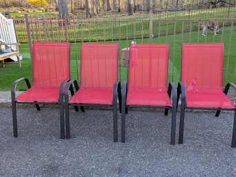 Pier 1 Set Of (4) Red Mesh & Black Powder Coated Steel Frame Outdoor Stacking Chairs