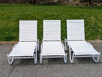 Set Of (3) Stackable White Powder Coated Lounge Chairs With Cover
