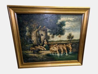 Antique/Vintage Framed 'Shepherdess And Her Flock' Unsigned Oil Painting On Canvas