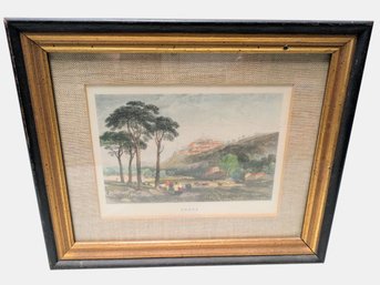 Vintage Framed Hand Colored Etching Reproduction Of Trevi