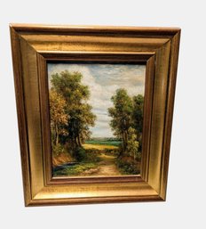 Double Wood Framed Signed Oil Painting - Landscape, Trees And Dirt Path With Gate