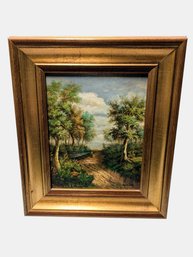 Double Wood Framed Signed Monica, Oil Painting - Landscape & Man Standing On A Pathway