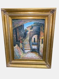 Framed Signed Kostas, Oil Painting  On Canvas- Italian Courtyard