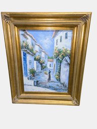 Framed Signed Altiks, Oil Painting  On Canvas- Santorini Flowers In The Courtyard