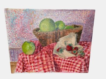 Framed Vintagne, Unsigned, Vibrant Still Life  Acrylic Painting  On Canvas-Apples In Basket