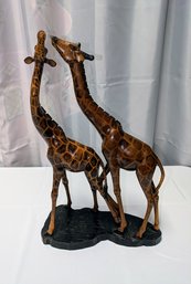 Vintage Signed Kimani, African Hand Carved Wood Double Giraffe Statue