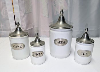 Vintage Mid 20th C., Set Of (4) Haviland Limoges, France, Porcelain & Pewter Lidded Canister Set