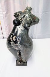 Unsigned, Heavy, Stone Hand Carved Sculpture Of A Female Torso With Steel Base - (2 Pieces)
