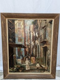 Vintage Framed, Signed, Antonio DiVity (1901-1993), Oil Painting On Canvas Of A European Town Street Scene