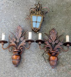 Brass Hanging Lantern Plus Two Tone Metal Indoor/outdoor Electric Wall Sconces