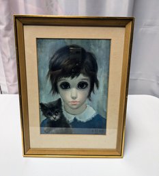 Vintage 1961  Margaret Keane (1927-2022) Framed Print, Titled 'Girl And Her Cat'