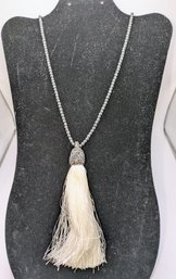 Vintage CHAKKAR  (Turkey) Black Bead Necklace With Rhinestone Embellished White Tassel Pendant