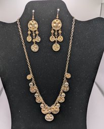 Gold-tone Round Disk & Bead Necklace & Pierced Earring Set