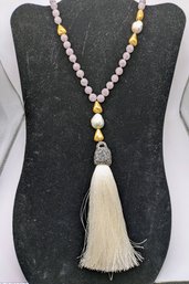 Vintage CHAKKAR  (Turkey)Rose Quartz, Fresh Water Pearl & Rhinestone Embellished Tassel Pendant